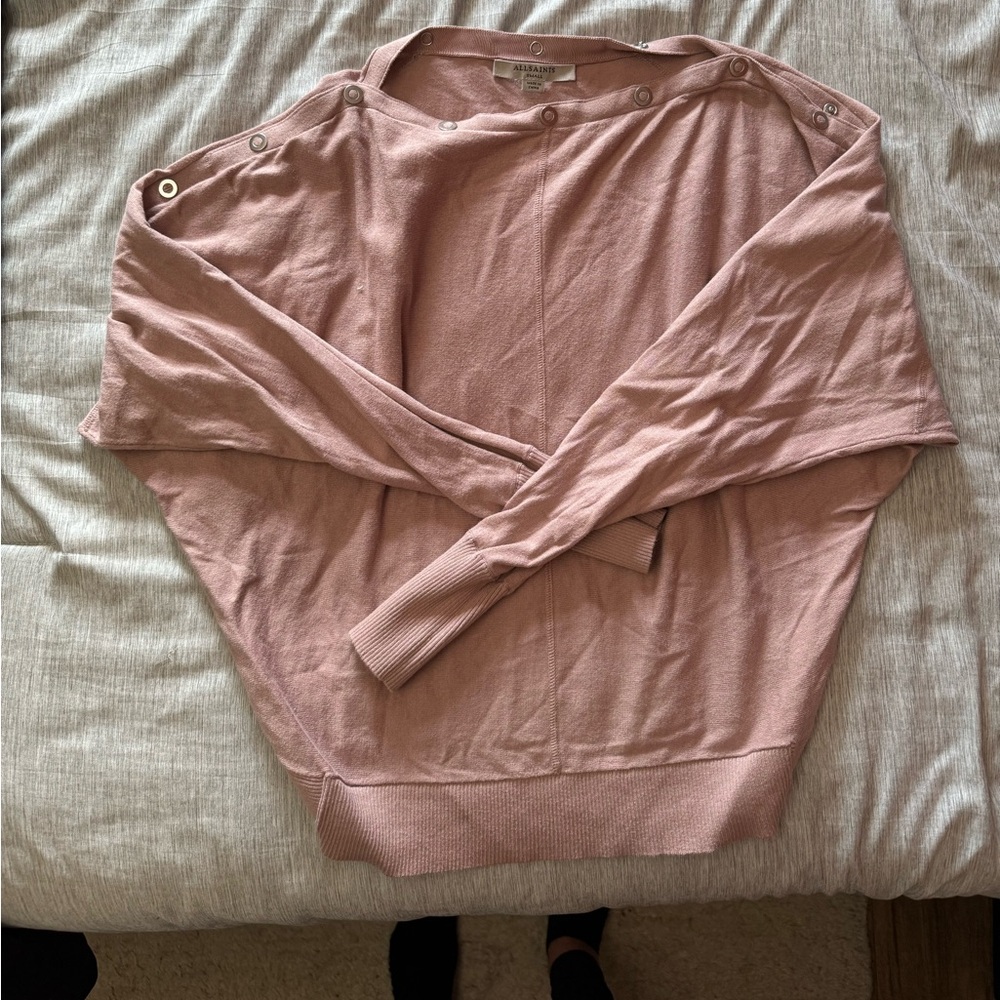 All Saints Pink Off-the-Shoulder Sweater with Snap Details